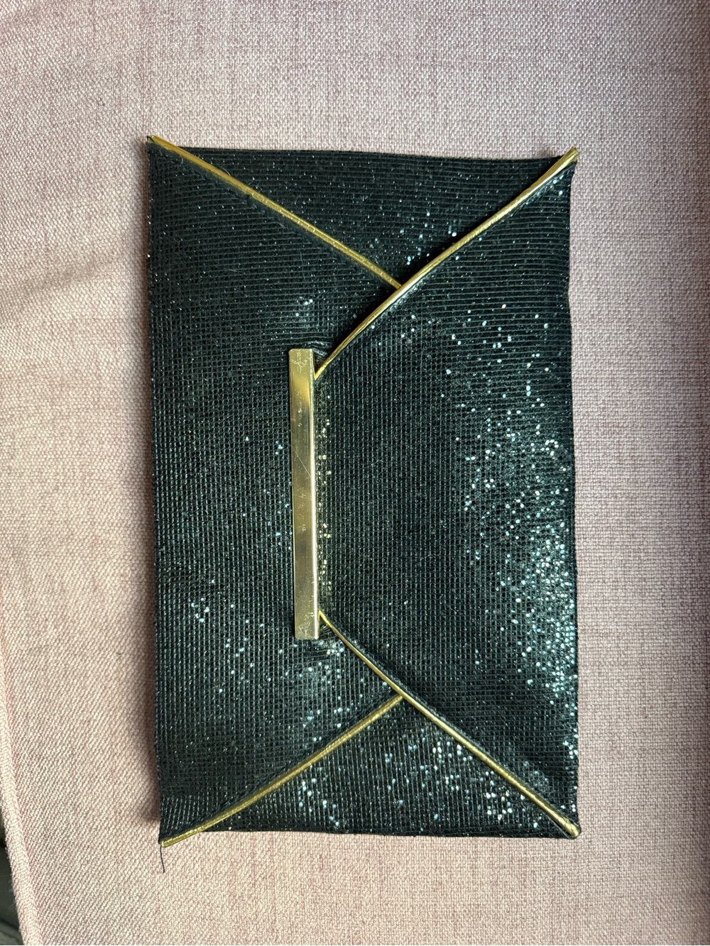 SHEIN Black Glitter Envelope Clutch with Gold Accent
